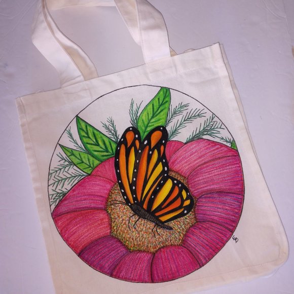 Handmade Reusable Tote Bag With Hand Painted Monarch Butterfly on a Pink Flower - Picture 7 of 16